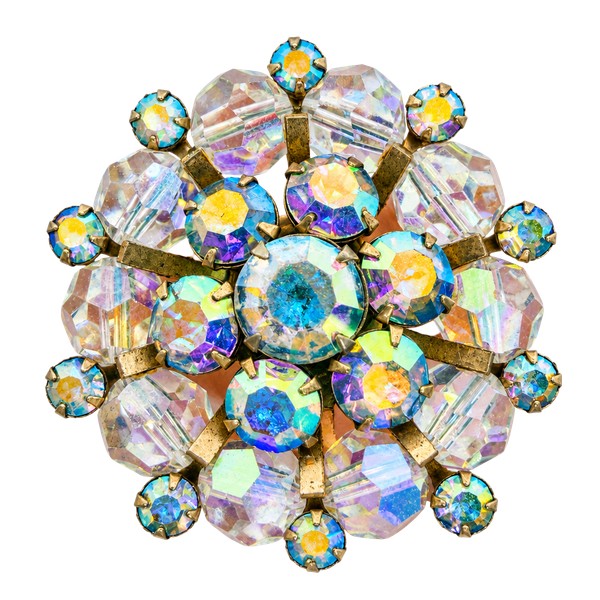 Vintage Aurora Borealis Crystal Cluster Gold Tone Brooch