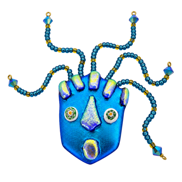 Blue Art Glass Beaded Zany Face Pin Brooch