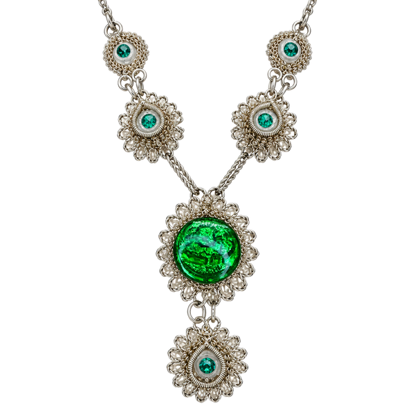 Antique Silesian Iron Wirework Necklace 14 Inch Green Czech Glass
