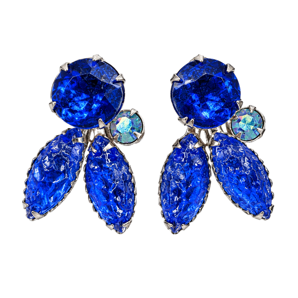 Vintage Blue Rhinestone Molded Glass Clip On Earrings