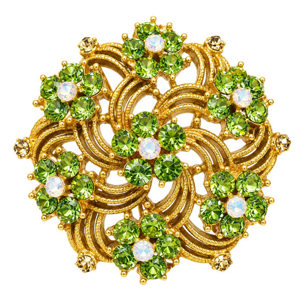 Vintage uranium Gold Tone Green Rhinestone Flower Brooch Pin
