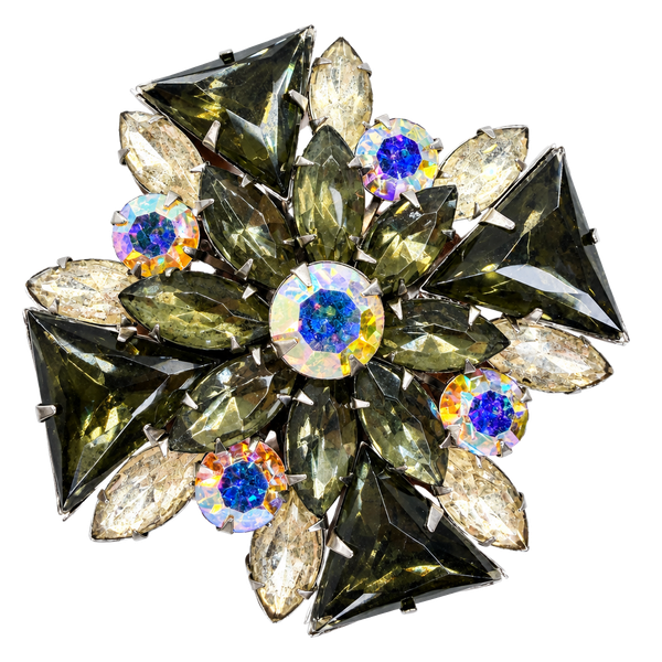 Vintage Smokey Crystal Flower Brooch Aurora Borealis