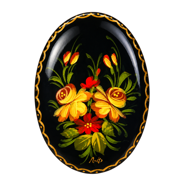 Vintage Russian Lacquer Floral Hand Painted Brooch Pin