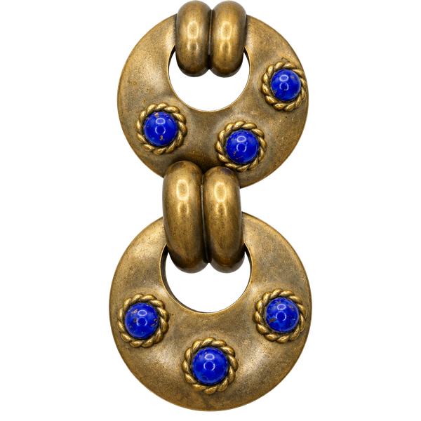 Vintage Gold Tone Blue Cabochon Doorknocker Clip Earrings