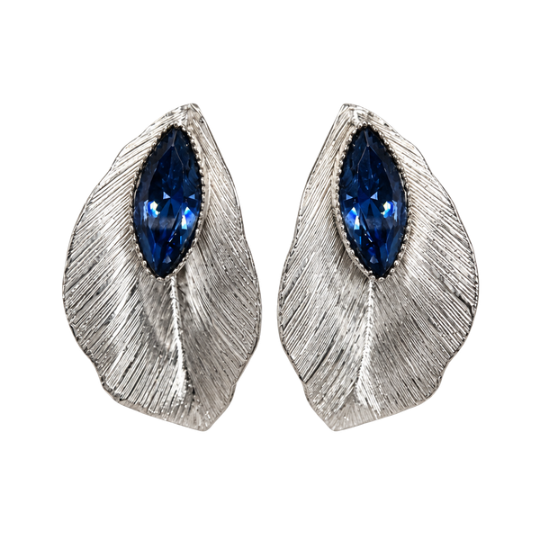 Whiting & Davis Silver Tone Leaf Blue Rhinestone Earrings