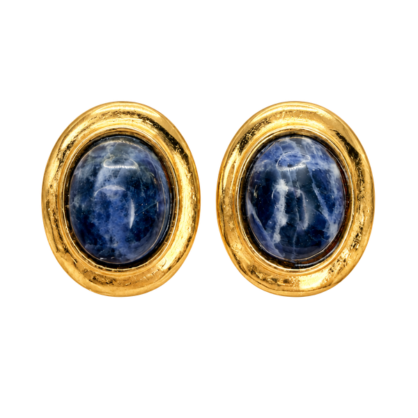 Francesca Romana Clip-On Earrings Blue Cabochon Gold Tone