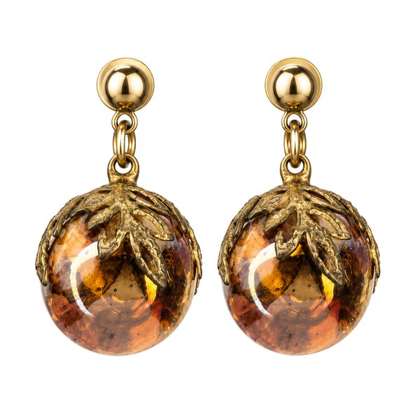 Vintage Brass Leaf Filigree Peach Glass Ball Dangle Earrings