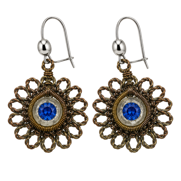 Antique Prussian-Silesian Iron Wire-Work Blue Rhinestone Earrings