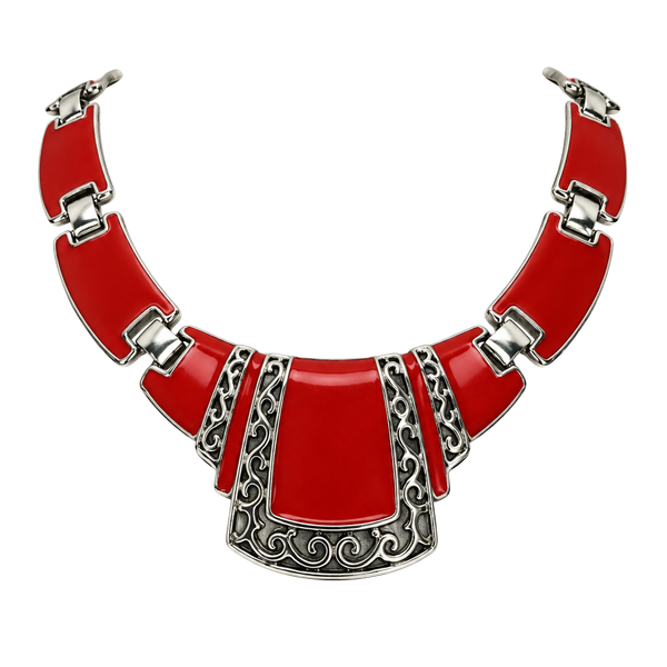 Vintage Red Enamel Bib Necklace 16 Inch Gold Tone