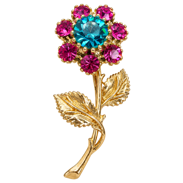 Vintage Gold Tone Flower Rhinestone Brooch Pin