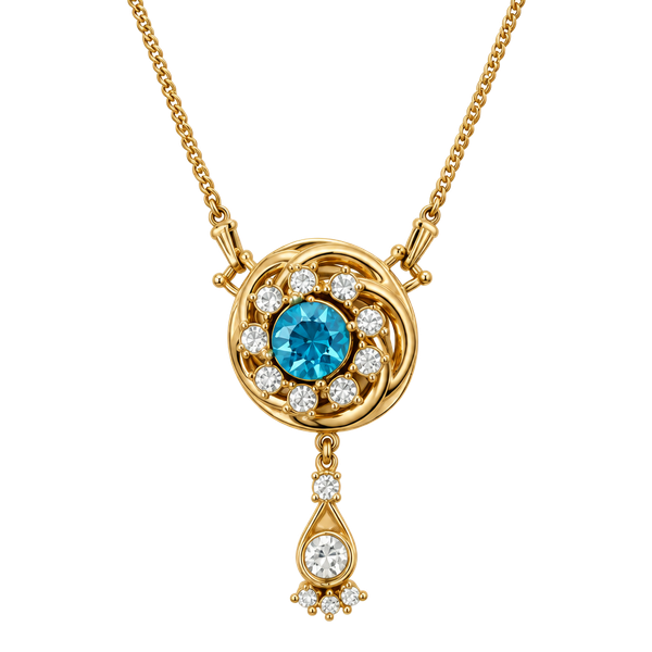 Vintage Gold Tone Blue Rhinestone Necklace Brooch 14 Inch