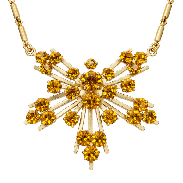 Coro Starburst Necklace 18 Inch Amber Rhinestone Gold