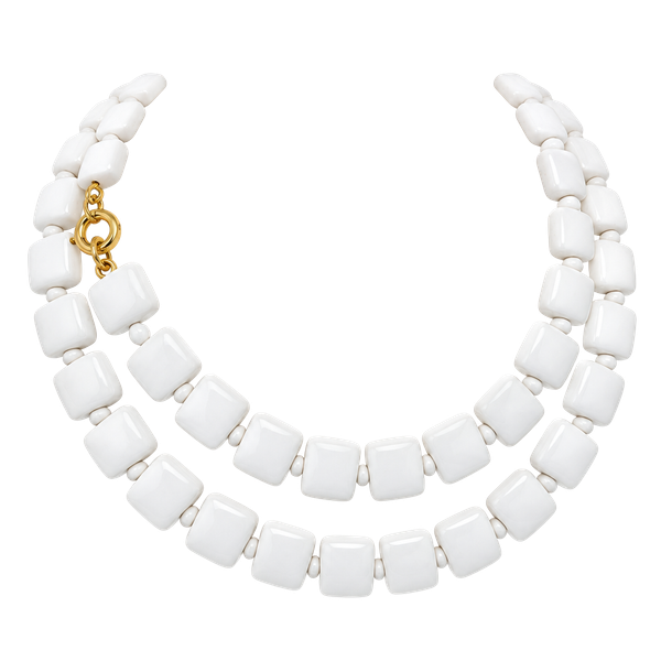 Vintage Milk Glass Square Bead Necklace 24 Inch White