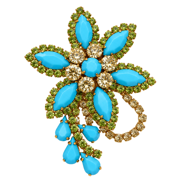 Vintage Statement Flower Brooch Gold Tone Turquoise Rhinestone