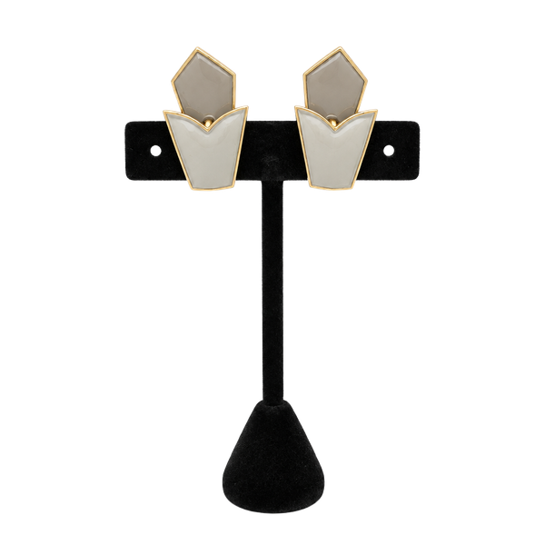 Trifari Vintage Gold Tone and Cream Enamel Geometric Clip-On Earrings