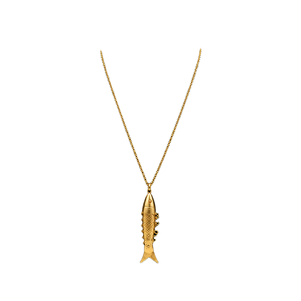 Vintage Articulated Fish Gold Tone Pendant Necklace Red Eyes