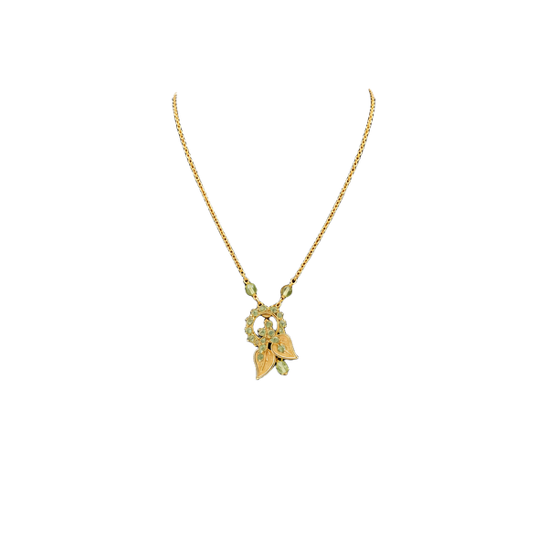 Vintage Gold Tone Green Rhinestone Leaf Pendant Necklace