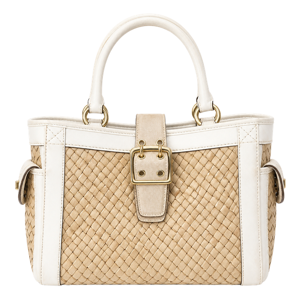 Coach Hampton 4419 Basket Weave Straw Suede Leather Satchel Tan White