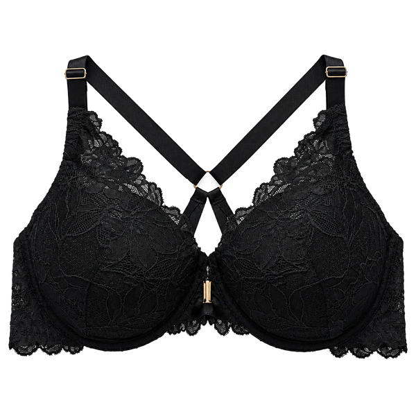 WU56 42C Auden Lace Front Close Push Up Plunge Bra Black NWT