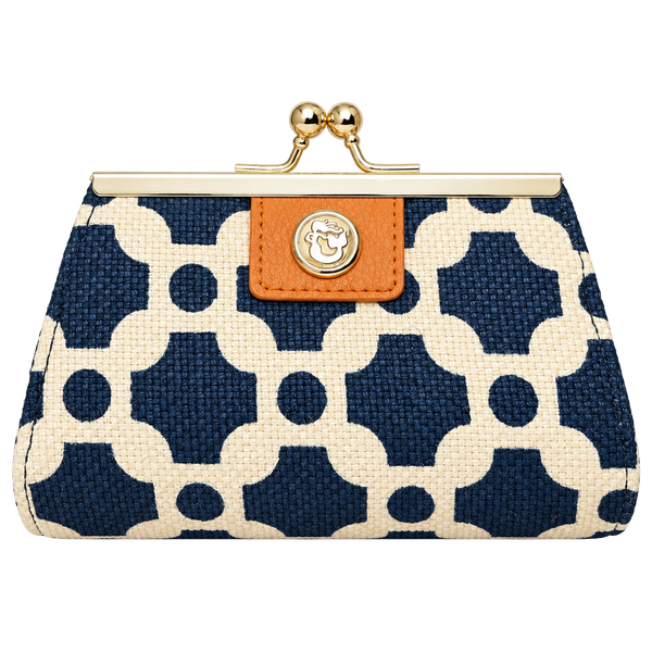 Spartina 449 Kiss Lock Coin Purse Blue White Geometric Linen Leather