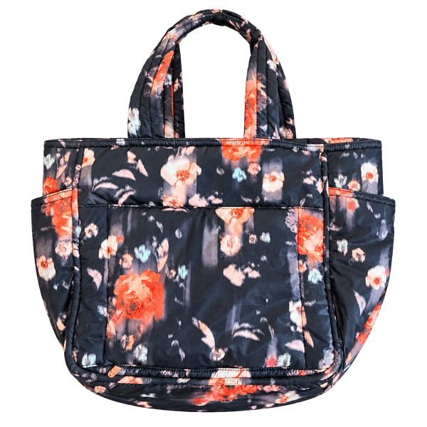 LeSportsac Quilted Floral Puffer Tote Bag Black Orange