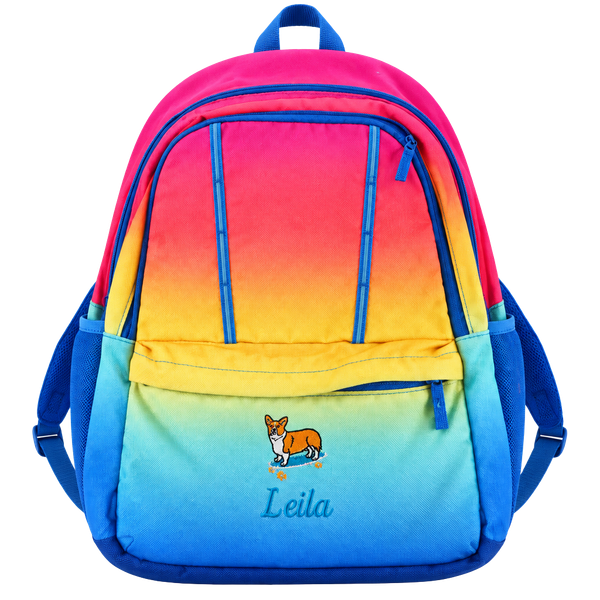 Lands' End Backpack Rainbow Ombre Corgi Embroidered Leila