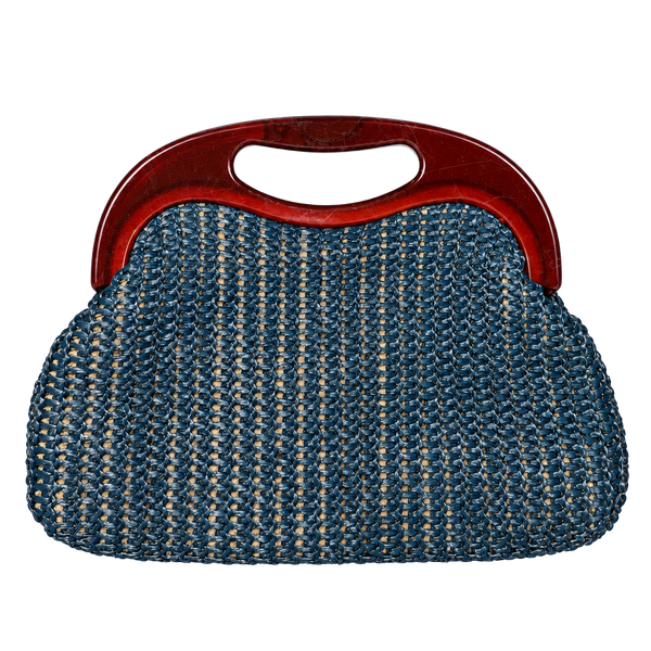 Vintage Crocheted Straw Handbag Tortoise Shell Plastic Handle Blue