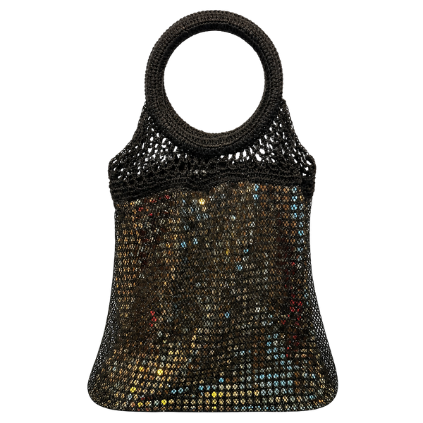 Black Crochet Sequin Hobo Handbag Gold Shimmer
