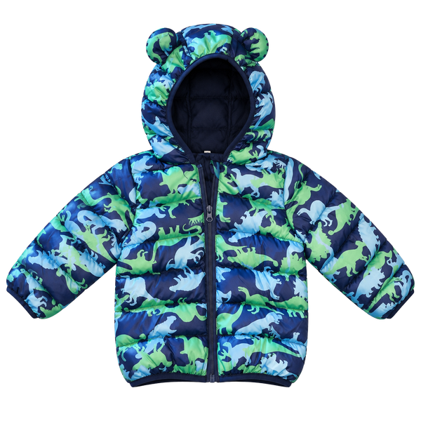 Dinosaur Puffer Jacket Size 90 (18-24 month) Blue Green Hooded with ears