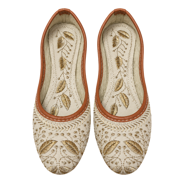 Children’s Apple Handcrafted Jutti Flat Shoes Off White Gold Embroidery