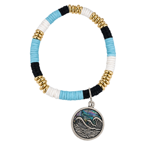 Sea Wave Charm Stretch Bracelet - Light Blue, Black & White