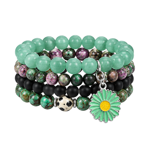Green Beaded Bracelet Stack with Daisy Charm
