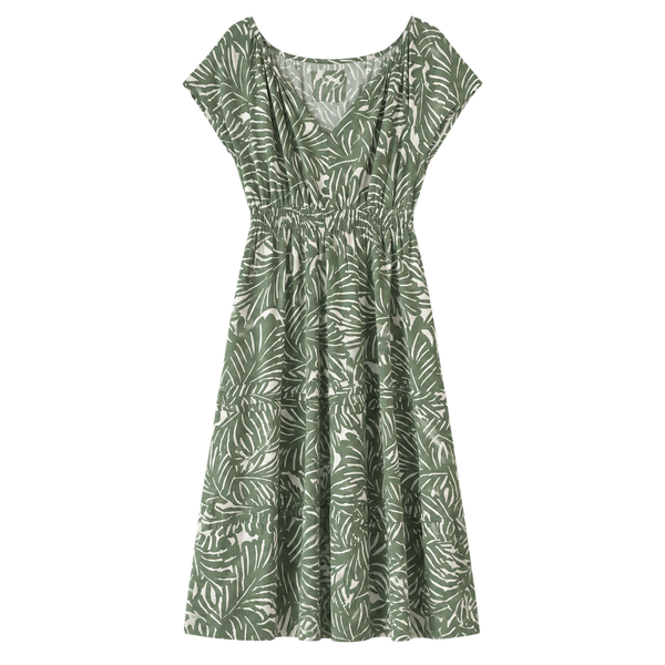 Nicole Miller New York Midi Dress Size L Green Leaf Print Smocked