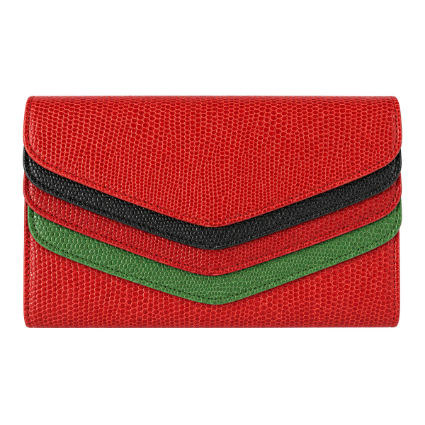 Sonia Lizard Skin Clutch Wallet Red Green Black