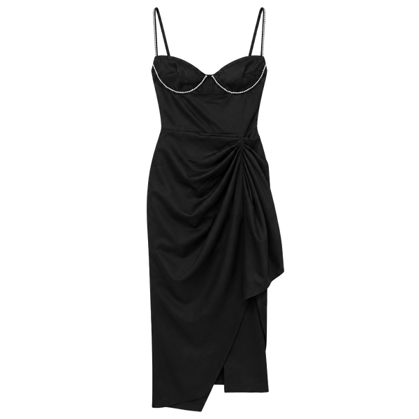 PrettyLittleThing Rhinestone Trim Ruched Satin Dress Black