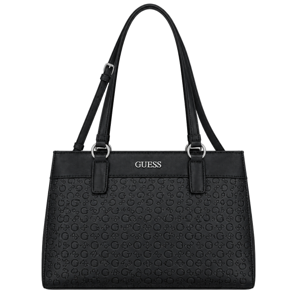Guess Monogram Black Faux Leather Satchel Tote Bag