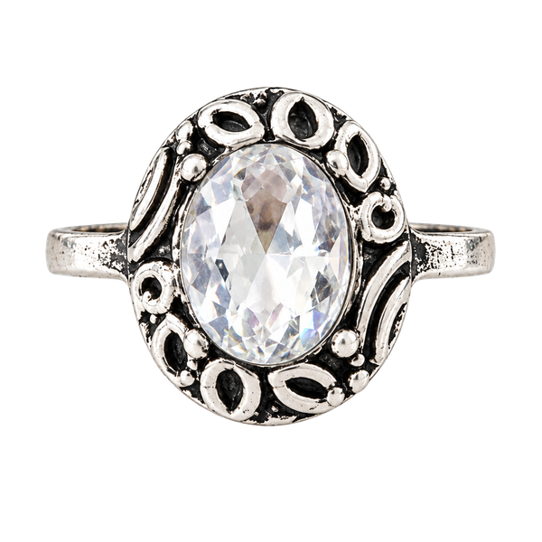 Vintage Style Filigree Oval Crystal Silver-Tone Ring