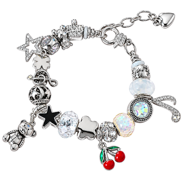 Teddy Bear Cherry Charm Bracelet – Silver, Crystal, Star & Heart Charms
