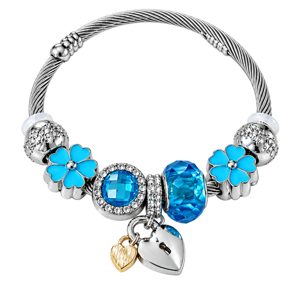 Blue Flower Crystal Heart Charm Bracelet Silver Bangle