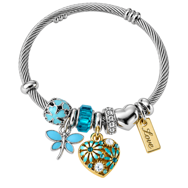 Blue Butterfly Floral Heart Love Bracelet – Silver & Turquoise Charm Bangle