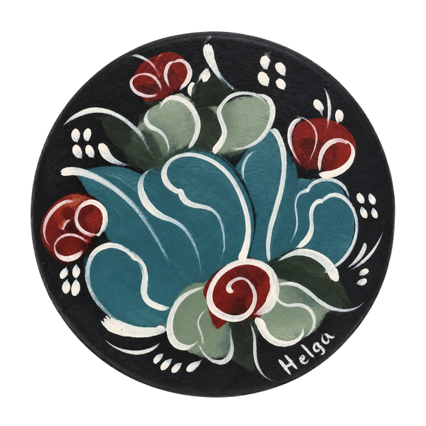 Helga Hand Painted Floral Wooden Brooch Pin Signed Folk Art
