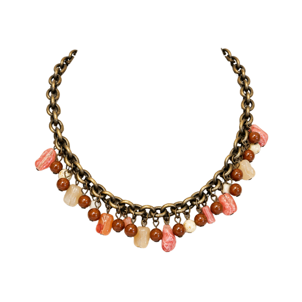 Vintage Brass Tone Pink Brown Beaded Charm Toggle Necklace