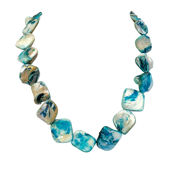 Blue white iridescent Mother Of Pearl Shell Nugget Beaded Necklace