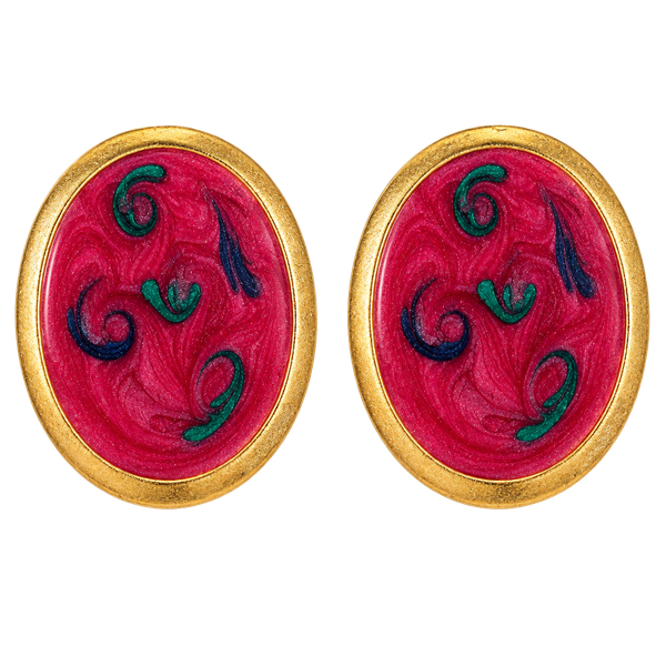 Vintage Gold Tone Red Swirl Enamel Oval Stud Earrings