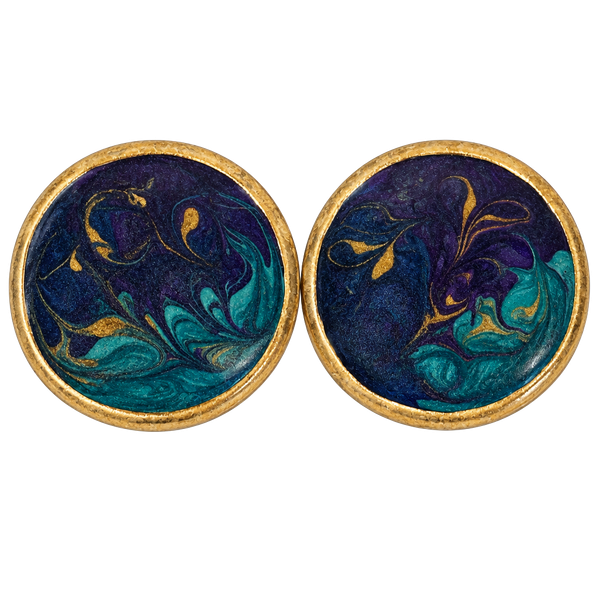 Vintage Hand Painted Enamel Earrings Blue Teal Gold Swirls