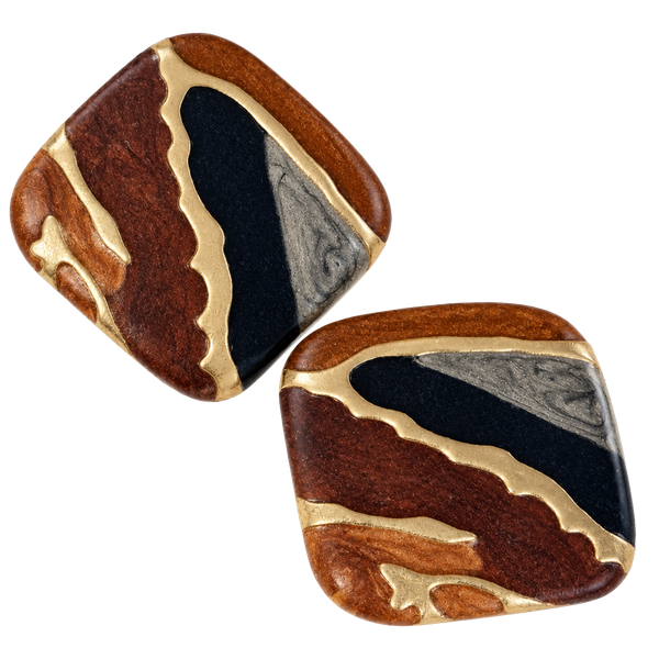 Vintage Swirl Enamel Statement Earrings Brown Black Gold Tone