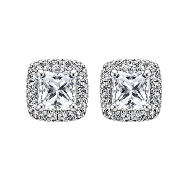 Cubic Zirconia Square Halo Stud Earrings Silver Tone