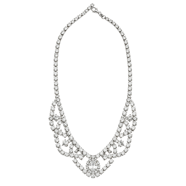 Vintage Rhinestone Collar Necklace Silver Tone Bib Choker