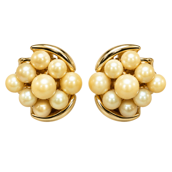 Vintage Faux Pearl Grape Cluster Gold Tone Clip Earrings