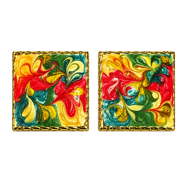 Vintage Square Enamel Clip-On Earrings Goldtone Multi-Color